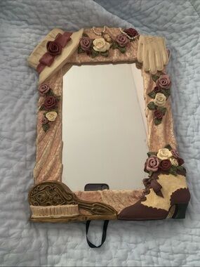 Pink Floral Accent Mirror with Vintage Hat & Glove Detail